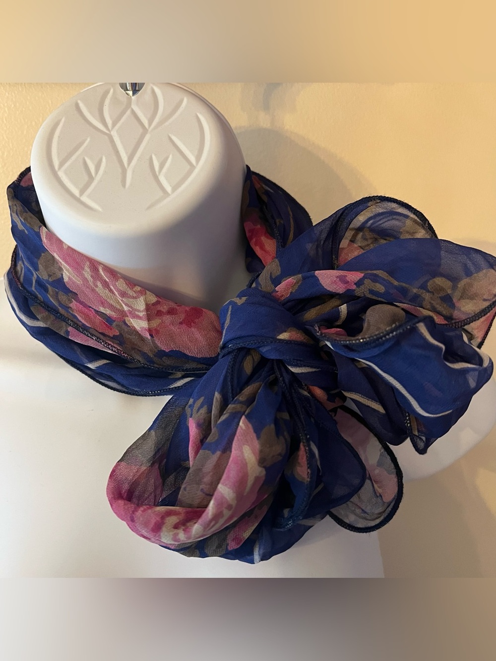 RALPH LAUREN Silk Oblong Scarf Floral Striped Roses Blue Pink 50”
